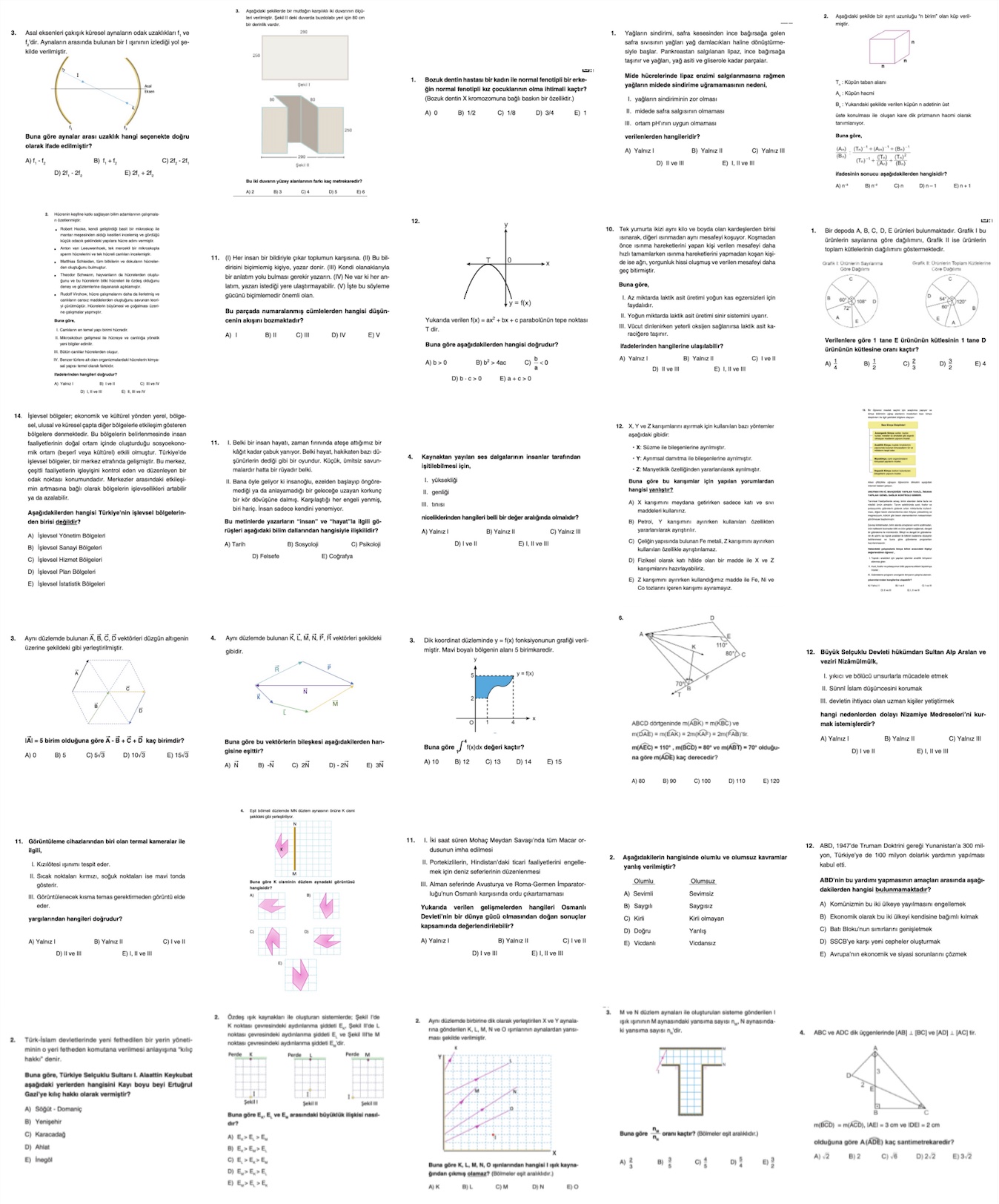Collage of TYT and AYT exam-style questions—including mathematics, physics, and reading comprehension—that were misclassified or unanswered by vision-language models.